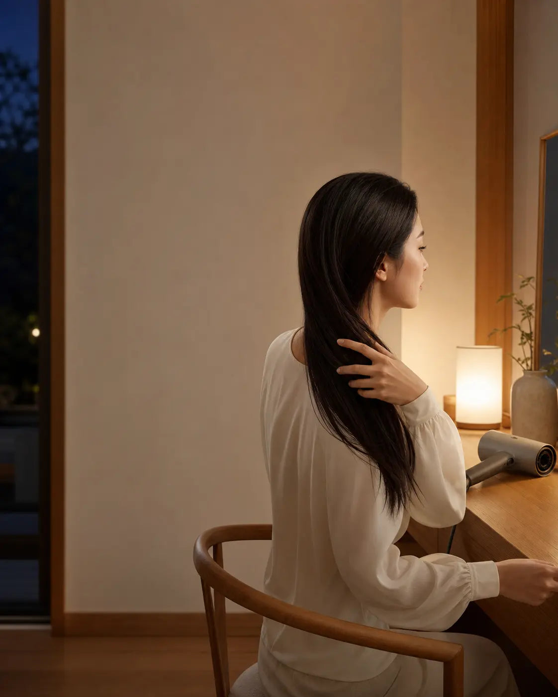 夜の部屋で、髪を整えながらくつろぐ女性