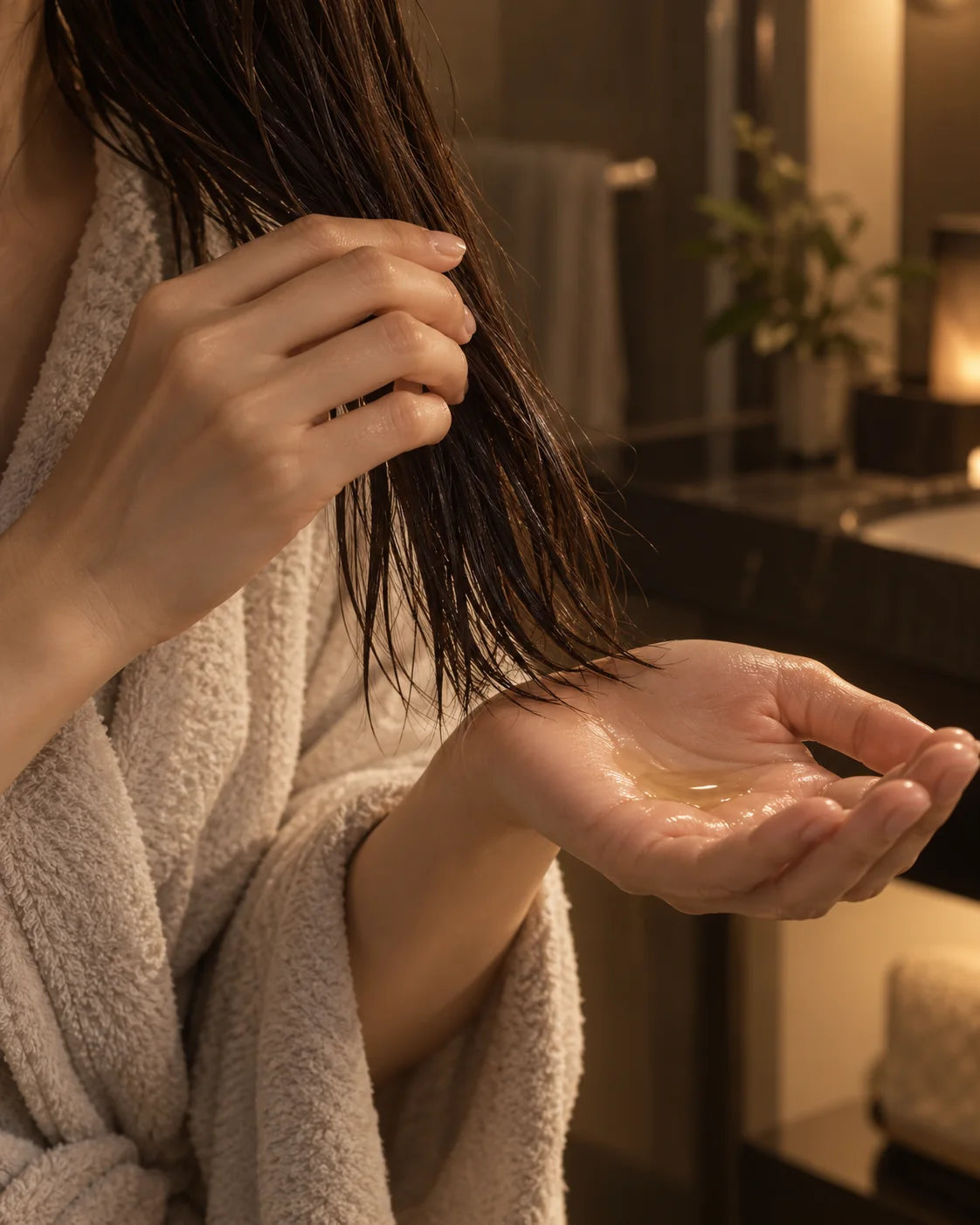 手のひらに薄く広げたヘアオイルと、ぬれた毛先